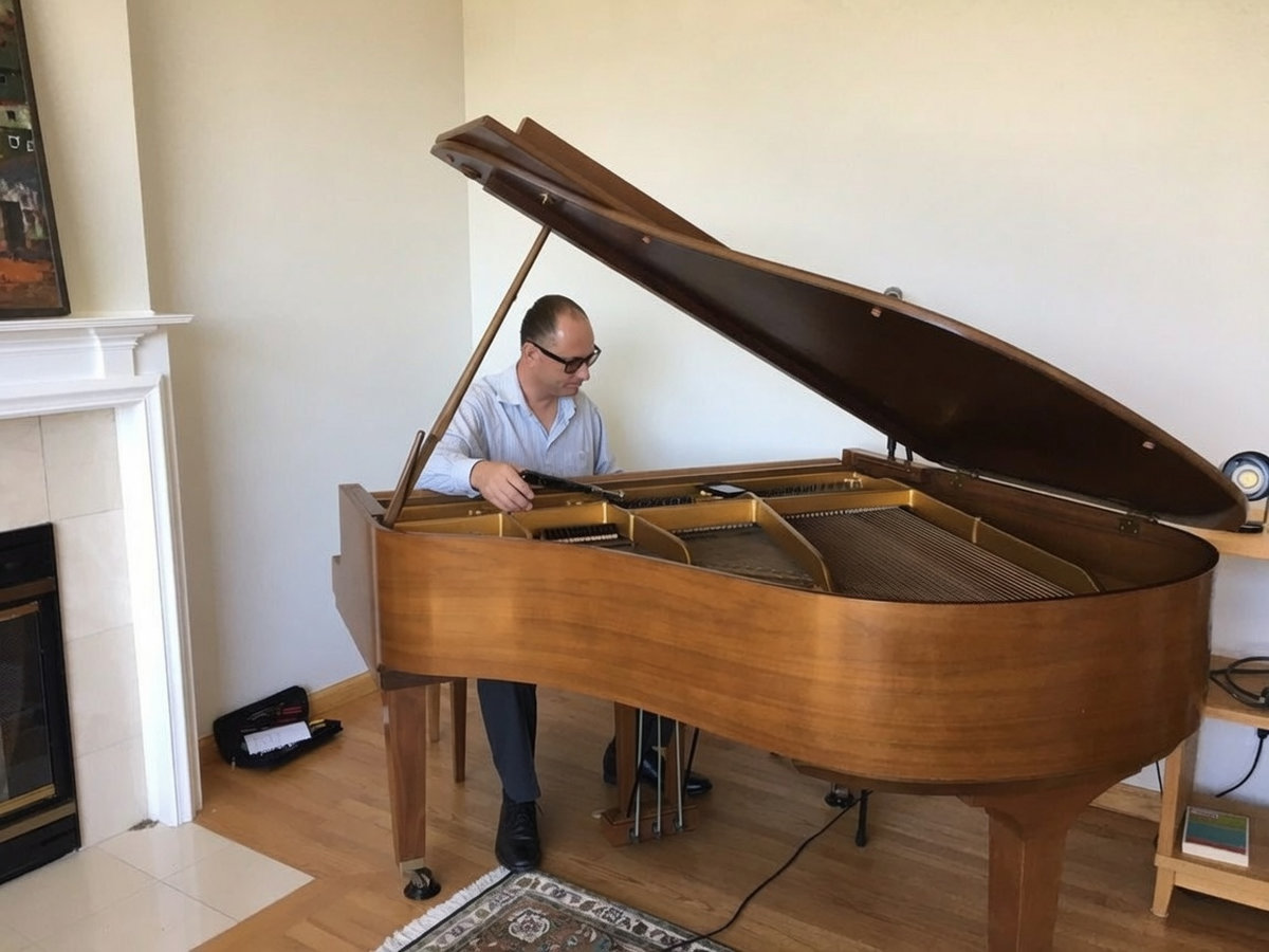 Thomas Penders tuning a grand piano at a student home, North Bay California